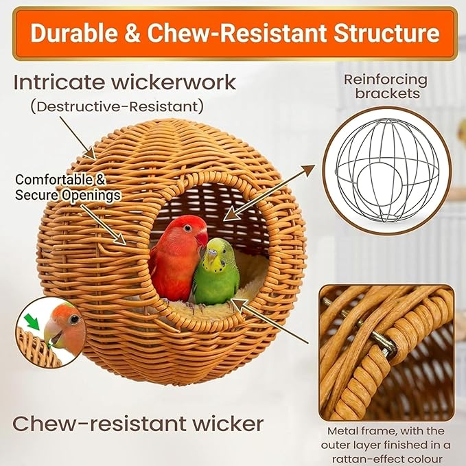 Rattan Bird Nest Chewproof Steel Frame Parakeet Nesting House for Cage, Small Bird Hammock Parrot Sleeping Bed with Soft Mat for Cockatiels Budgerigars Finches Canaries