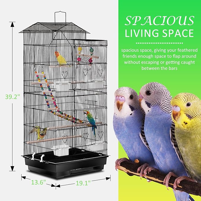 SUPER DEAL 39'' Roof Top Parrot Bird Cage with Toys for Cockatiel Sun Conure Parakeet Finch Budgie Lovebird Canary Large Flight Pet House