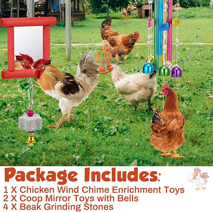 VioraWhite 7 Pcs Chicken Toys, Hanging Chicken Wind Chime, 2 Pcs Coop Mirror Toys with Bells 4 Pack Beak Grinding Stones, Musical Coop Accessories for Hen Rooster Chick Poultry Birds(Red, Orange)