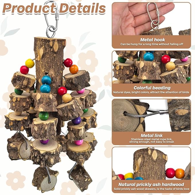 PINVNBY Wood Parrot Toys for Birds, Wire Link Durable Macaw Toys Large Natural Wooden Blocks Chew Toy for Small and Middle Parrots African Grey Macaws Cockatiels Eclectus