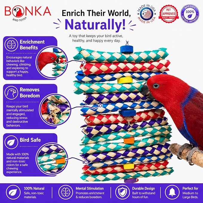 Bonka Bird Toys 1798 Big Foamy Delight Shreddable Bamboo Finger Trap and Foam Bead Bird Toy 9.5" x 6" for Small to Medium Birds Enrichment Play Amazon Conure and Similar