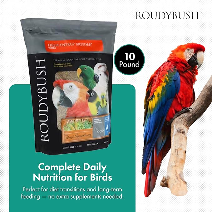 Roudybush High Energy Breeder Food for Breeding & Weaning Birds - Scientifically Formulated Bird Feed - Bird Food Pellets w/Corn, Wheat, Soy - Nutritious & Healthy Feed for Birds (Crumble, 10lb)