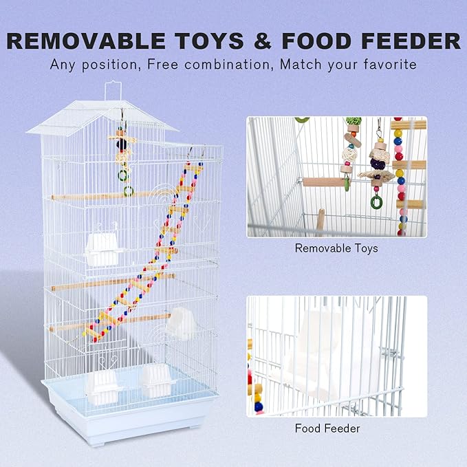 HCY 39 Inches Bird Cage Roof Top Large Flight Parrot Bird Cage with Toys for Small Medium Birds, Cockatiel,Parakeets,Parrot,Lovebirds, Finch,Canary Pet Bird Cage(White)