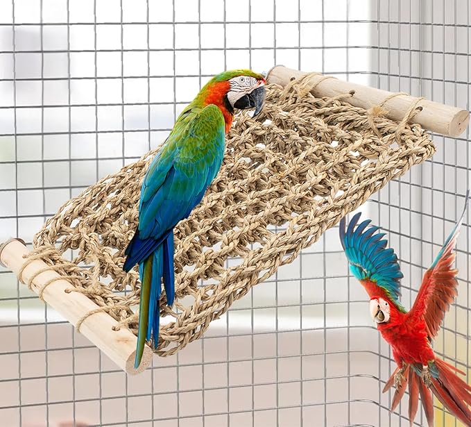 Bird Ladder Perch for Cage, Conure Seagrass Ladder Bridge Exercise Stands, Natural Hand-Woven Net Amazon Parrot Climbing Chewing Hammock, Cage Accessories for Lovebird Conure Budgie Parakeet