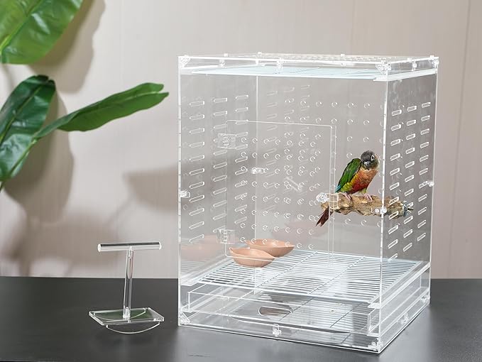 Clear Acrylic Bird Cage for Small Birds, Transparent Display Habitat for Canary, Parakeet - Easy to Clean & Assemble (14x15x20in)