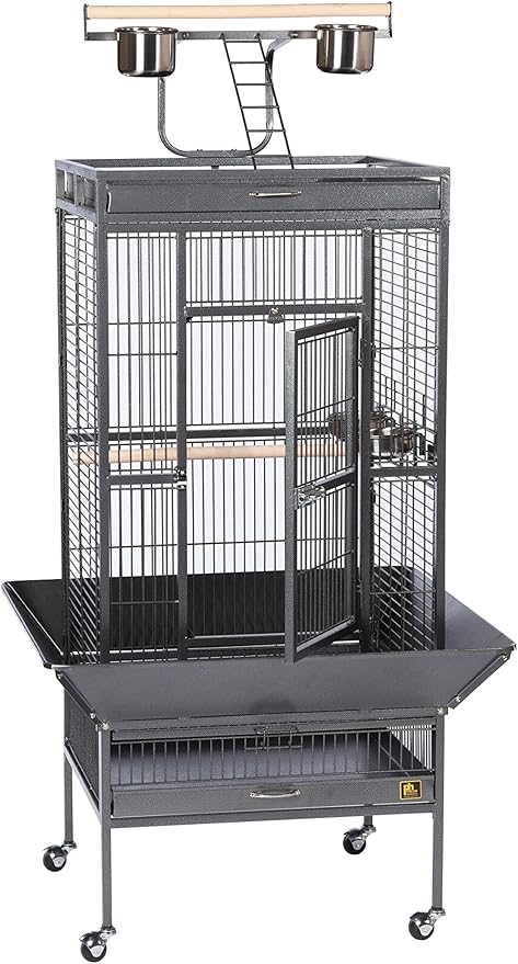 Prevue Pet Products Wrought Iron Select Bird Cage - Large Steel Cage with Rolling Stand, Seed Guards, and Playtop, Ideal for Conures and Medium Birds - Black Hammertone