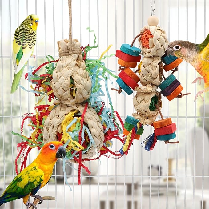 Wontee Bird Toys Colorful Shredding Crinkles Foraging Toys 2 Pack Chew Toys for Cockatiels Conures Parakeets Budgies Senegal (2 Pack-B)