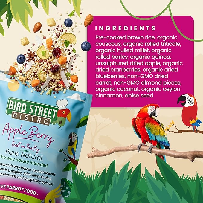 Bird Street Bistro Parrot Food -Parrot Food - Cooks in 3-15 min w/Natural Grains, Legumes, Non-GMO Fruits, Vegetables & Health-Oriented Spices