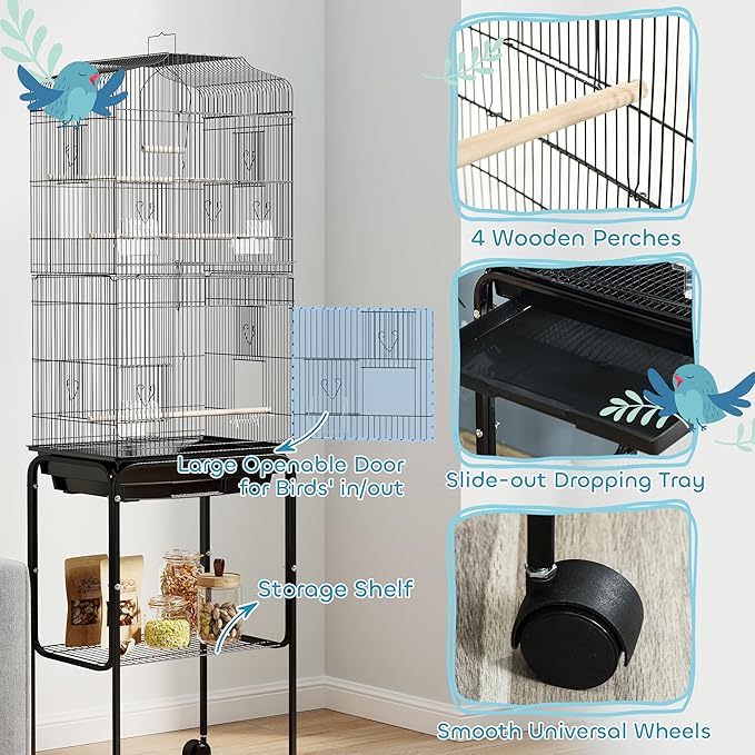 PawHut 60" Metal Indoor Bird Cage Starter Kit with Detachable Rolling Stand, Storage Basket, and Accessories, Black