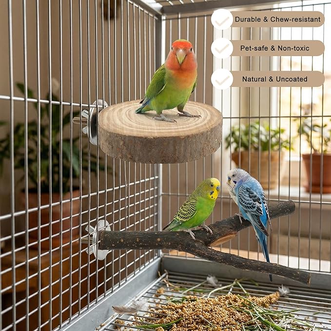 4PCS Parakeet Toys Bird Perch Set with Forked Perches & Round Log Platform, Bird Toys for Parakeets Hanging Rotating Wood Block with Bell Parrot Perch for Cockatiel, Conure, Caique