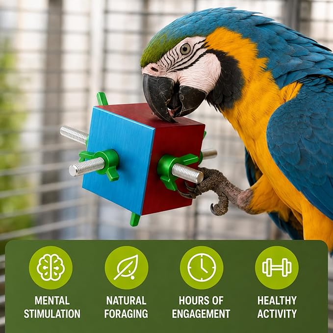 Bird Toys for Large Birds (Busy Box) | Treat Dispenser for Macaws, Cockatoos & Parrots | Bird Foraging Toy for Medium to Extra Large Birds | Natural Foraging Behavior Builder | Durable Cage Accessory