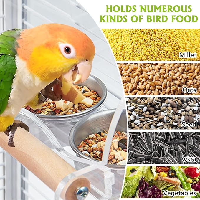 BNOSDM Bird Feeder for Cage with Double Stainless Steel Food & Water Bowls Anti-Slip Wood Perch Stand with No Mess Acrylic Seed Catcher for Parrot, Budgie, Parakeet, Lovebird, Canary, Finch (Hook)