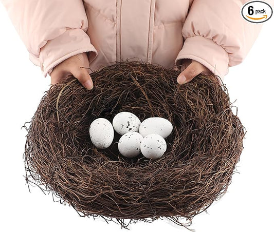 6Pcs 12" Large Artificial Bird Nests with Eggs for Crafts,Handmade Natura Rattan Birds Nest for Spring Decoration Props Garden Yard Home(1 Large Size Nest, 5pcs Eggs)