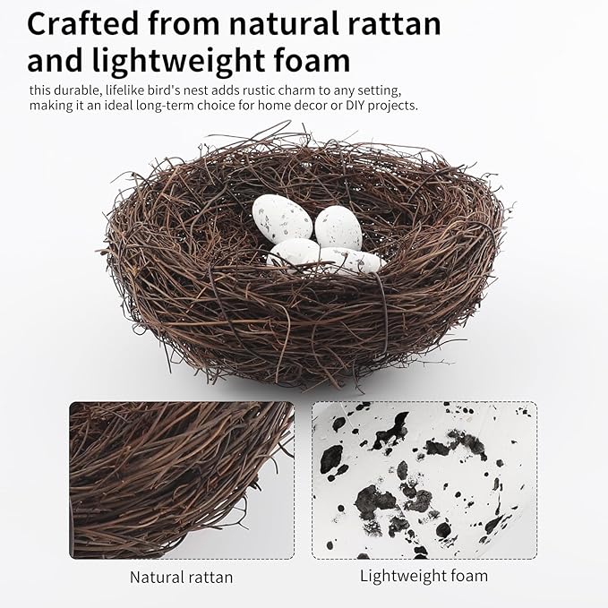 36 Pcs Artificial Bird Nests with Eggs for Crafts,Handmade Natura Rattan Birds Nest for Easter, Wedding, Home, Party, and Christmas Tree Decorations(6Pcs 5.9in Nest 30pcs Eggs)