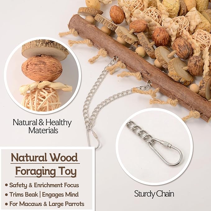 Macaw Toy, Parrot Toys for Large Birds, 14.5 Inch Extra Large Bird Chewing Toy Wall with Natural Wood, Corn Cobs and Rattan Balls, Hanging Foraging Cage Accessories for African Grey, Cockatoos