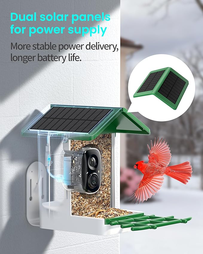 isYoung Smart Bird Feeder with Camera, 2.5K QHD, AI Identify 16000+ Birds,Dual Solar Panel, AI Auto-Capture & Motion Detection, IP65 Weatherproof,170° Field of View, Perfect Bird Watching Gift