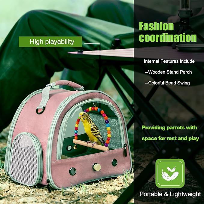 Portable Parrot Travel Cage Carrier with Small Swing Toy&Cage Colorful Toys Set Small Bird Parakeet Bag with Standing Perch Bird Carry Transport Bag (Pink, Carrier/Swing)