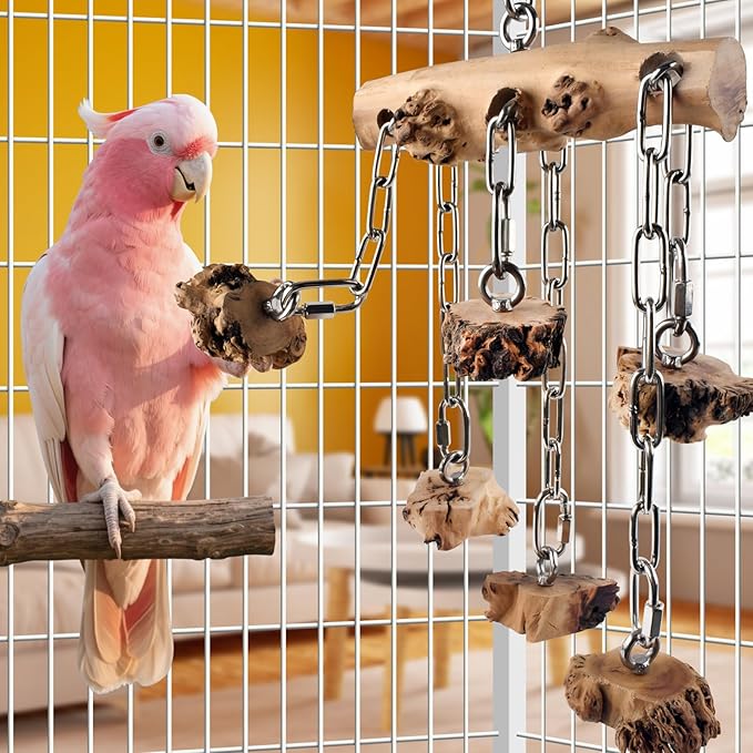 DBNESS Bird Toys for Parrots, Durable Wooden Hardwood Blocks with Stainless Steel Hanging Natural Chew Toy for Macaws African Greys Amazon Cockatoos Medium Large Parrot Similar Sized Pet Parrot