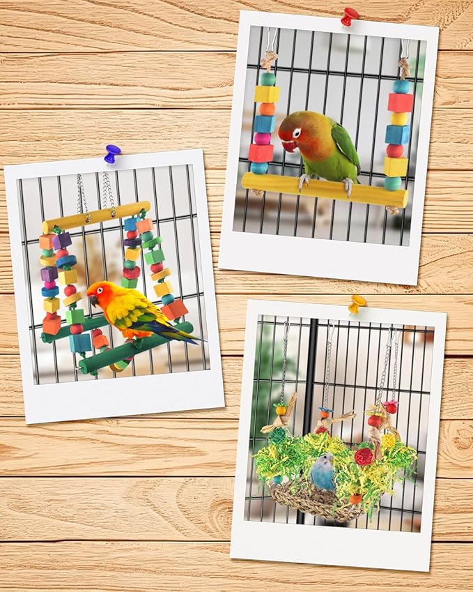 DBNESS Bird Hammock Toys Parakeet Perches Swing, 3in1 Detachable Parrot Cage Accessories, Wooden Hanging Chew Toys for Medium Conure Cockatiel Quaker Lory