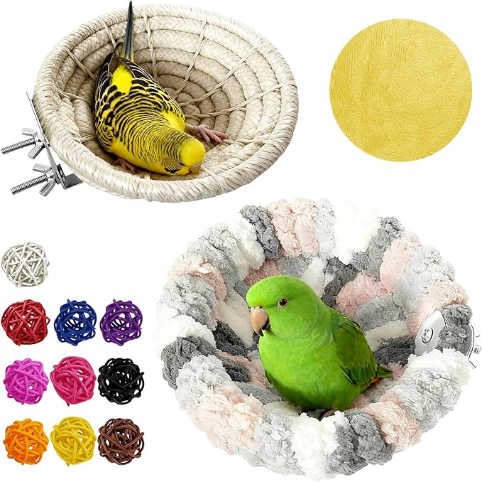 12pcs Bird Nest for Cage, Plush Hanging Bird Bed and Hand Woven Hemp Rope Nest,with 9 Bird Toys, for Dove Parrot Canary Little Parrot Warm Breeding Cabin Nest
