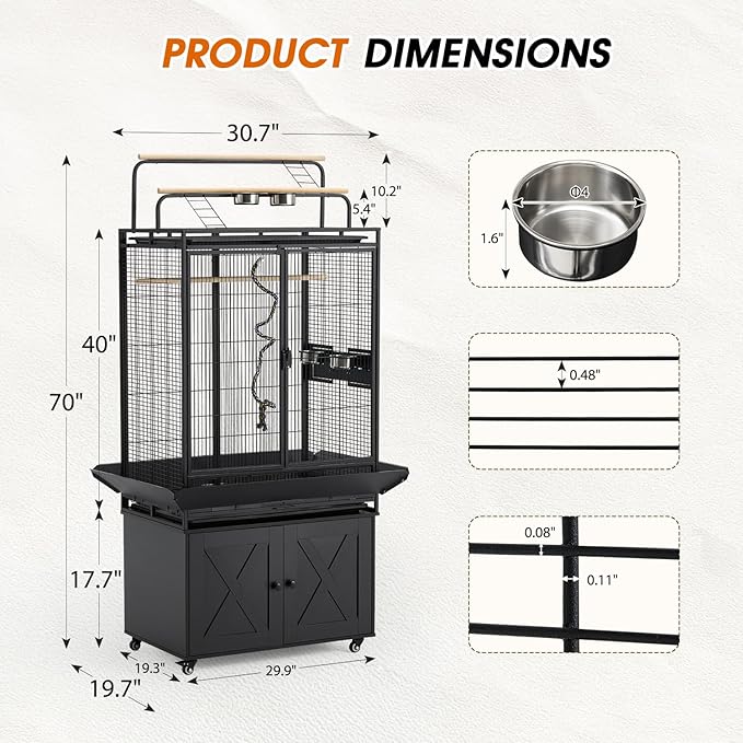 AVAWING 70-Inch Bird Cage with Play Top & Storage Cabinet, Tall Big Bird Flight Cage with Pull-Out Tray, Feeders, Cover, Stand, Rope, Metal Bird Aviary for Macaw Parakeet Cockatiel Budgie, Black