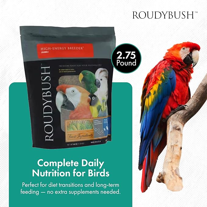 Roudybush High Energy Breeder Food for Breeding & Weaning Birds - Scientifically Formulated Bird Feed - Bird Food Pellets w/ Corn, Wheat, Soy - Nutritious & Healthy Feed for Birds (Crumble, 44oz)