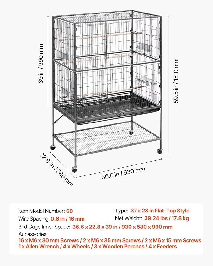 VEVOR Bird Cage, 36.6 x 22.8 x 59.5 inch, Flat Top, Wrought Iron Bird Flight Cage with Perches, Slide-Out Tray and Plastic Feeders, for Blue Tit, Cockatiel, Canary, Monk Parakeet, African Grey Parrot