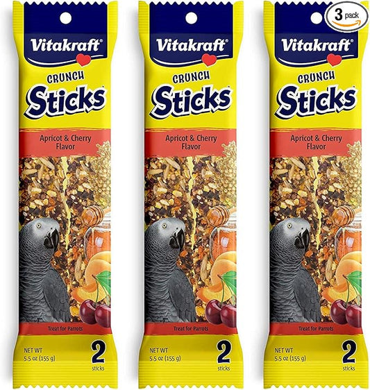 Vitakraft 3 Pack of Apricot & Cherry Crunch Sticks for Parrots, 2 Sticks Each