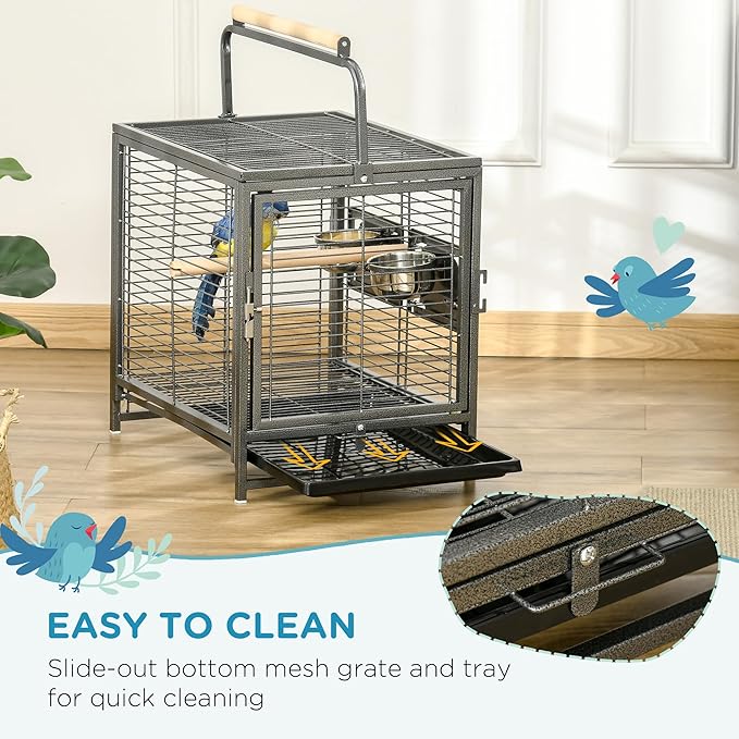 PawHut 18" Heavy Duty Wrought Iron Travel Bird Cage Carrier with Handle Perch and Accessories - Black