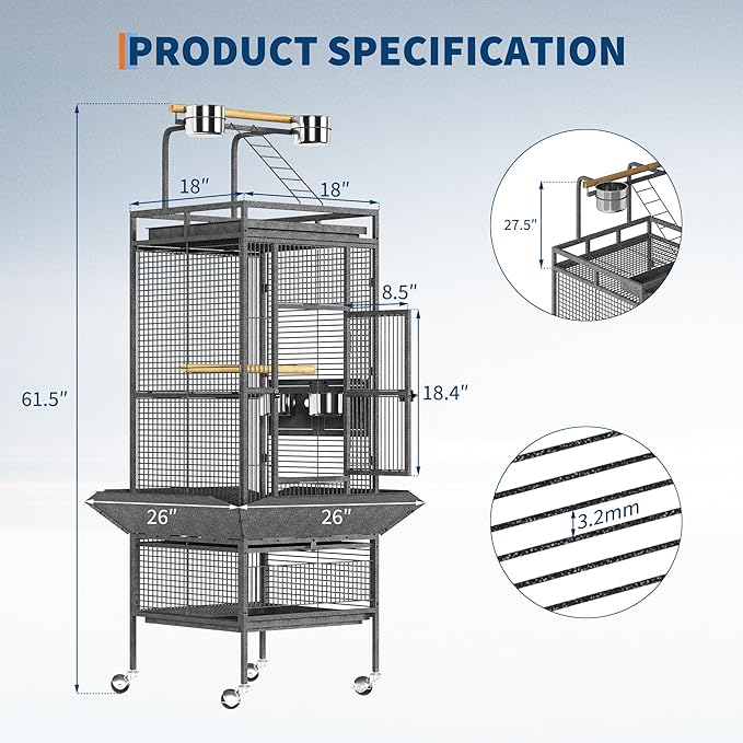 61 Inch Metal Bird Cage with Stand Large Rolling Parrot Cages with Play Top Seed Catcher Removable Tray Parrot Cage for Lovebirds Cockatiels Pigeon Finches, Black