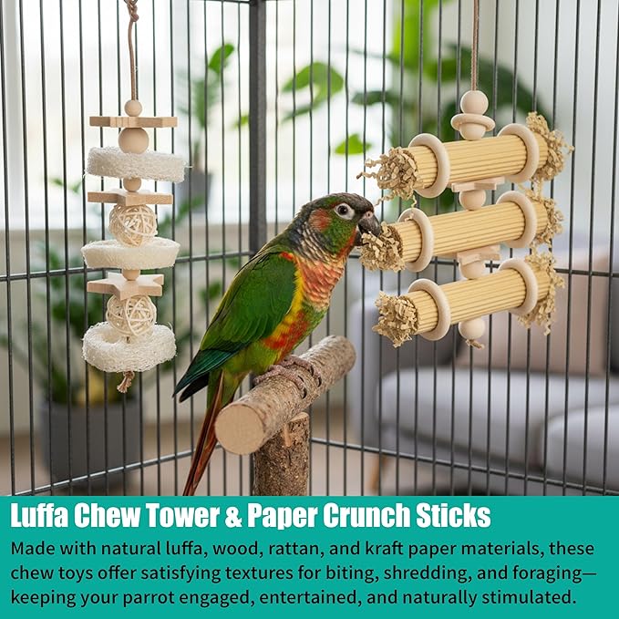 6 Pcs Natural Bird Toys for Parrots - Seagrass Swing, Loofah, Wood & Corn Husk Chew Toy Set - Shredding Enrichment Kit for Small to Medium Cockatiels, Parakeets, Conures, Budgies