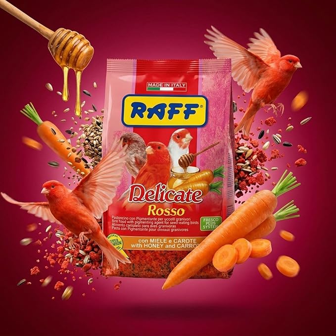 Raff Delicate Rosso 500g – Red Canary Food Enriched with Honey and Carrots – Specialized Red Factor Formula for Seed-Eating Birds Seeking Vibrant Plumage and Optimal Health