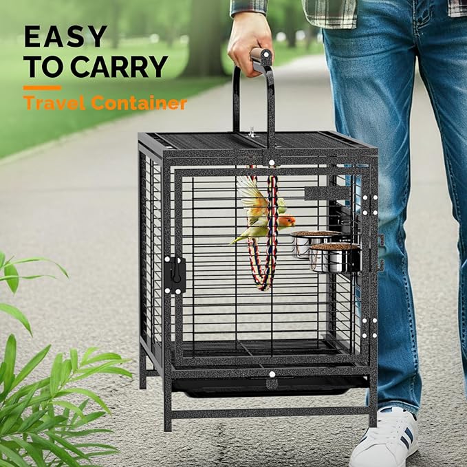 VINGLI Small Bird Cage, 25 inch Travel Carrier Bird Cage with Handle, Wrought Iron Parakeet Cage with Wooden Perch for Parrot Lovebirds Finches Small/Medium Birds (Hammertone Black)