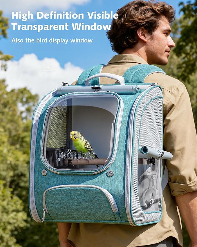 Pecute Bird Backpack Carrier for Small Birds,Cockatiel,Parrot,Bird Carrier with Standing Perch,Comfy Mat&Transparent Window, Breathable Bird Backpack for Vet Visit,Shopping and Outdoor Adventure,Blue