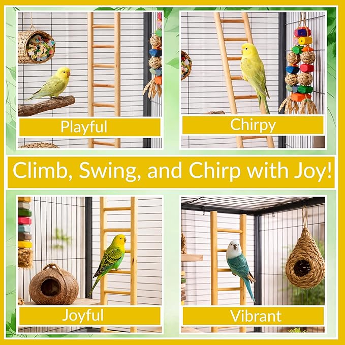 Wooden Bird Ladder 11 Step Climbing Toy 17 Inch Parrot Cage Accessory Interactive Exercise Perch Durable Natural Wood for Parrots Cockatiels Budgies Finches Conures Lovebirds Cage Decor