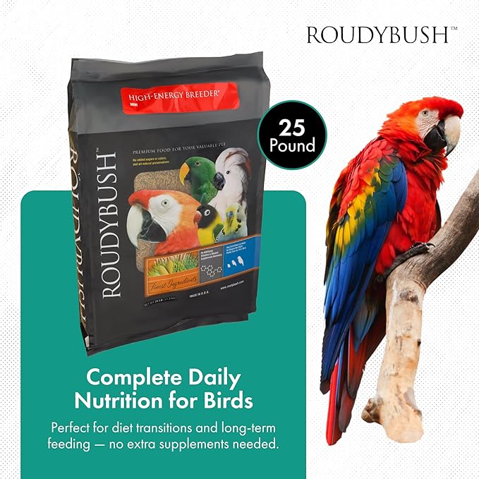 Roudybush High Energy Breeder Food for Breeding & Weaning Birds - Scientifically Formulated Bird Feed - Bird Food Pellets w/ Corn, Wheat, Soy & More - Nutritious & Healthy Feed for Birds (Mini, 25lb)
