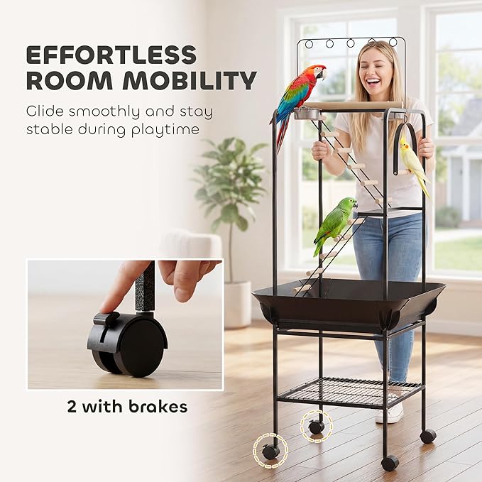 PawHut 64" H Rolling Bird Stand Parrot Playstand with Seed Guard & Wheels, Steel Bird Playground Gym with Ladders, Swing, Toy Hook & Bowls, Large Parrot Perch for Cockatiels, Conures, Parakeets