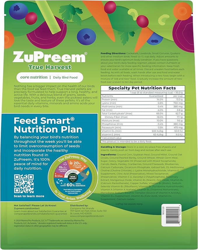ZuPreem True Harvest Cockatiel Pellets - Natural Bird Food for Cockatiels, Medium Bird Pellet Diet for Quakers, Lovebirds, Small Conures, 2.5 lb (Pack of 2)