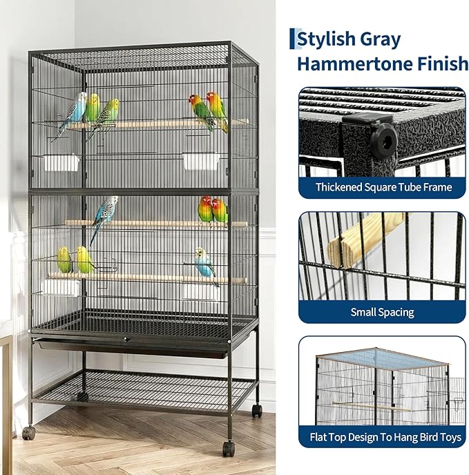 60" H Large Bird Cage, Rolling Bird Cage with Storage Stands, Feed Bowls, Wide Flight Parakeet Cage for Macaw, Parakeets, Conures, Cockatiel, Cockatoo