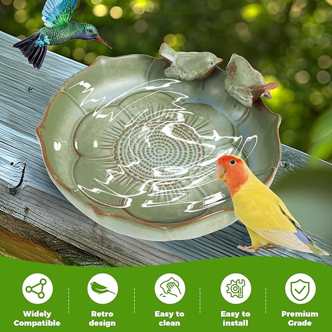 Ceramic Bird Bath for Outside, Vintage Birdbath, Bowl Only, Ground Bird Feeders and birdbath for Outdoors, Garden, Tabletop, Deck, Balcony and Lawn