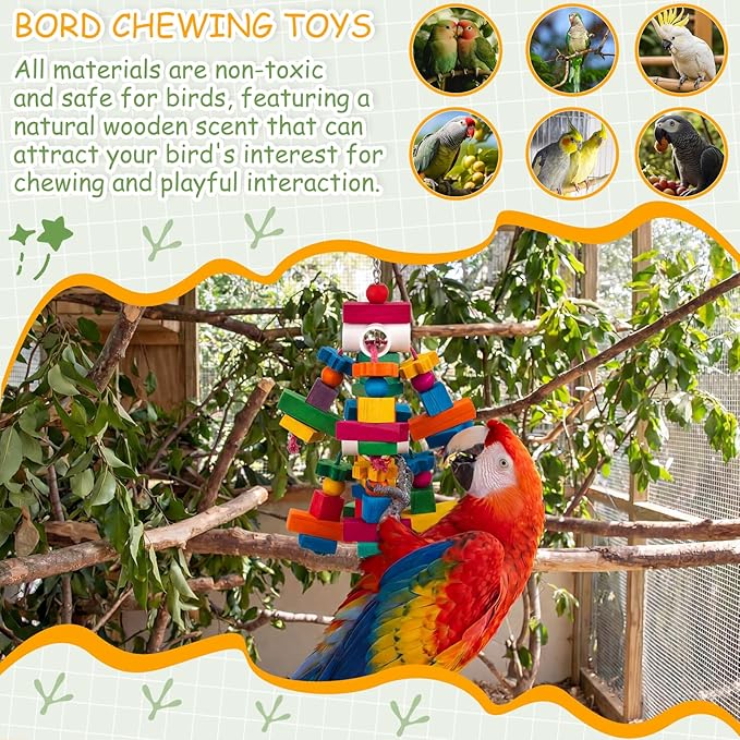Seenelling 3 Pcs Large Parrot Toys Colorful Chewing Toy with Natural Wood Blocks for African Greys, Cockatoos, Parrots, Macaws, Medium Birds Cage Toy Accessories