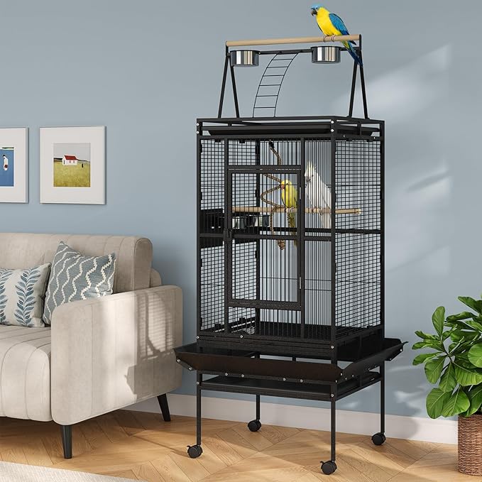 67-Inch Playtop Wrought Iron Large Parrot Bird Cages with Rolling Stand for Cockatiels Parrot Quaker Conure Parakeet Lovebird Canary Small Medium Parrot Cage Birdcage, Black
