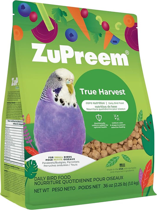 ZuPreem True Harvest Bird Food, Bird Feed Pellets for Parakeets, Budgies, Parrotlets, & Doves, Added Vitamins, Parakeet Food, Budgie Feed, Made in the USA (Small, 2.25 lb Bag)
