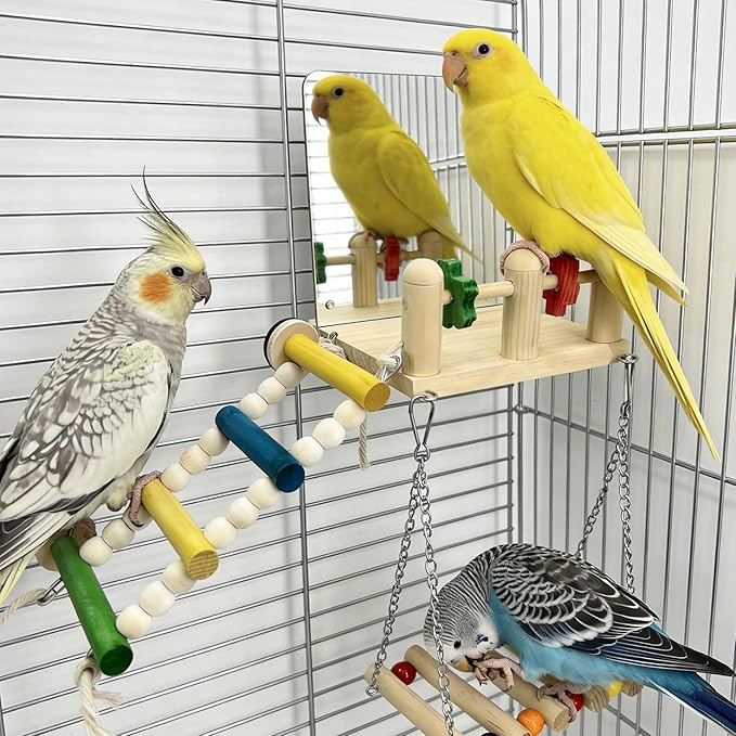 Bird Toys with Bird Mirror Climbing Ladder Swing Wooden Play Gym - Parakeet Toys & Cage Accessories for Cockatiels, Lovebirds, Budgies, Finch, Canaries