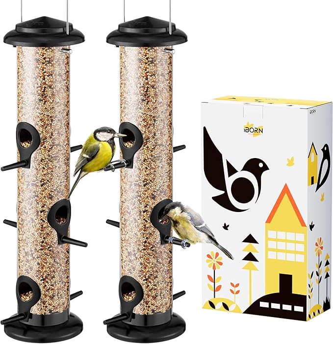 iBorn Metal Bird Feeder Hanging Wild Bird Seed Feeder for Mix Seed Blends Heavy Duty All Metal Black Finish,15 Inch 6 Port,Pack of 2