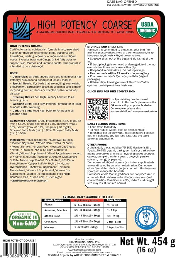 Harrison's Bird Foods High Potency Coarse—Maximum Nutritional Formula for Small to Medium Birds, Certified Organic Non-GMO Pet Bird Food, Vet-Developed, Suitable for All Life Stages, 454 g/ 1 lb