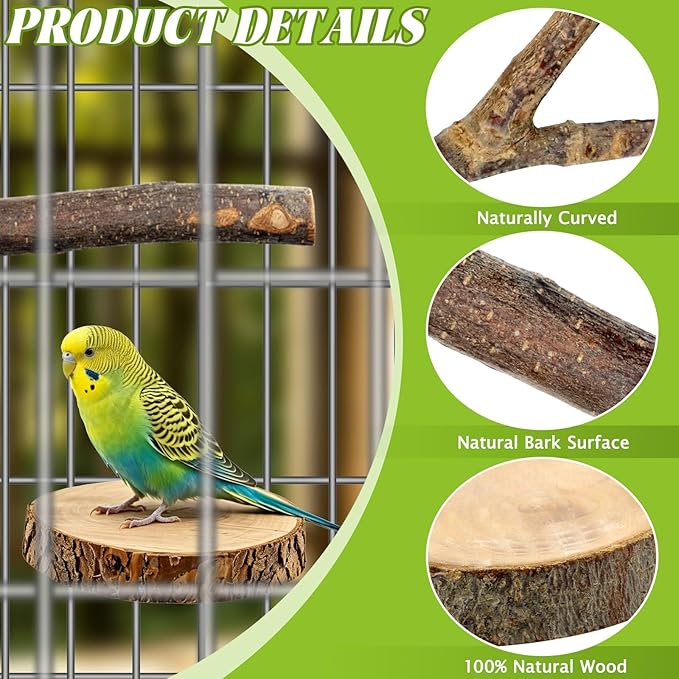 8 PCS Bird Perch Set for Cage - Natural Apple Wood Platforms & Hardwood Branches for Parakeets, Budgies, Cockatiels - Small Bird Habitat Gym, Climbing Stand & Safe Chew Toys