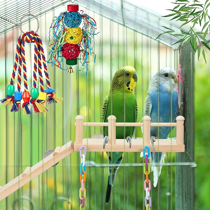 6 Pcs Parakeet Cockatiel Bird Toys, Parrot Swing Chewing Hanging Toys, Colorful Style Parrots Cage Accessories, Interactive Chew & Climb Play Set (Interactive Style)