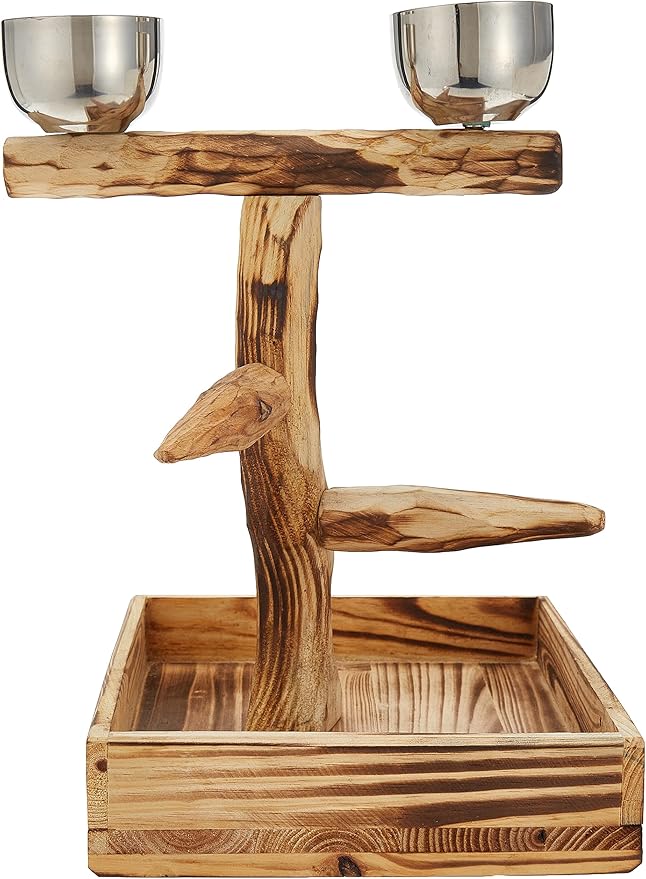 PENN-PLAX Bird-Life Natural Wood Tree Perch for Small and Medium Birds – Includes Food and Water Bowls with Drop Tray – Medium