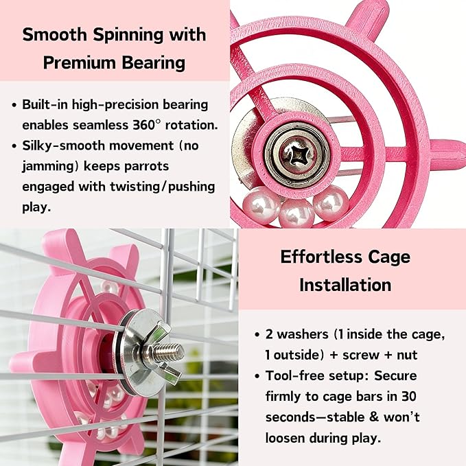 Spinning Bird-Toys Bird Cage Toys & Bird Perch Parrot-Parakeet Budgie Cockatiel Conure Macaw Chicken Parrot Enrichment Cage Accessories Small Animal Chewing Toy (Rosy Spinner)